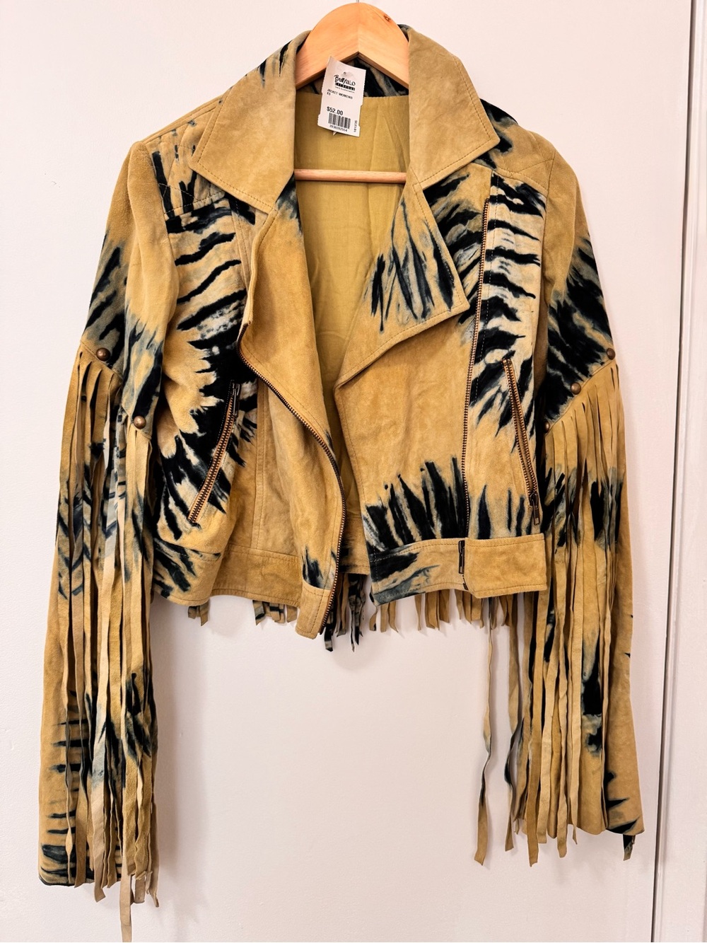 Western Fringe Moto Jacket Tan Black Tie Dye XS Buffalo Exchange